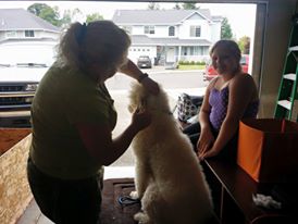 Pele getting groomed in our garage by our groomer and my daughter - Pele's best friend
