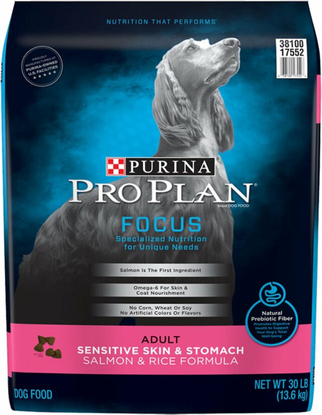 Purina Pro Plan Focus Adult Sensitive Skin & Stomach Salmon & Rice Formula Dry Dog Food, 30-lb bag â€“ $47.98