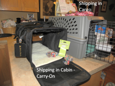 A carry on soft sided dog crate for small puppies and a standard size puppy crate for shipping